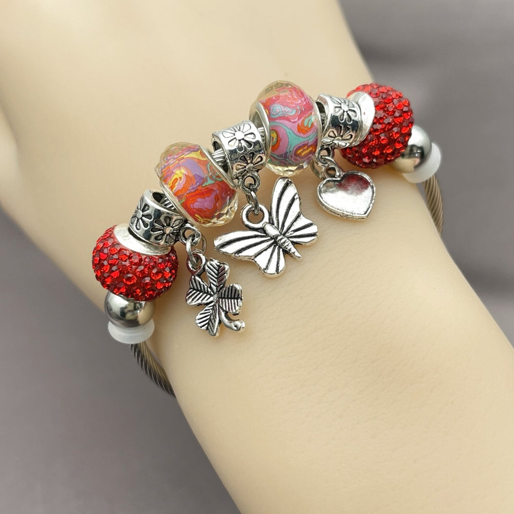 Stainless Steel Individual Bangle, Butterfly and Four-leaf Clover Design, with Light Siam Crystal, Polished, Rhodium Finish