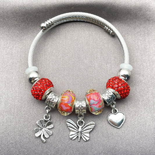 Stainless Steel Individual Bangle, Butterfly and Four-leaf Clover Design, with Light Siam Crystal, Polished, Rhodium Finish
