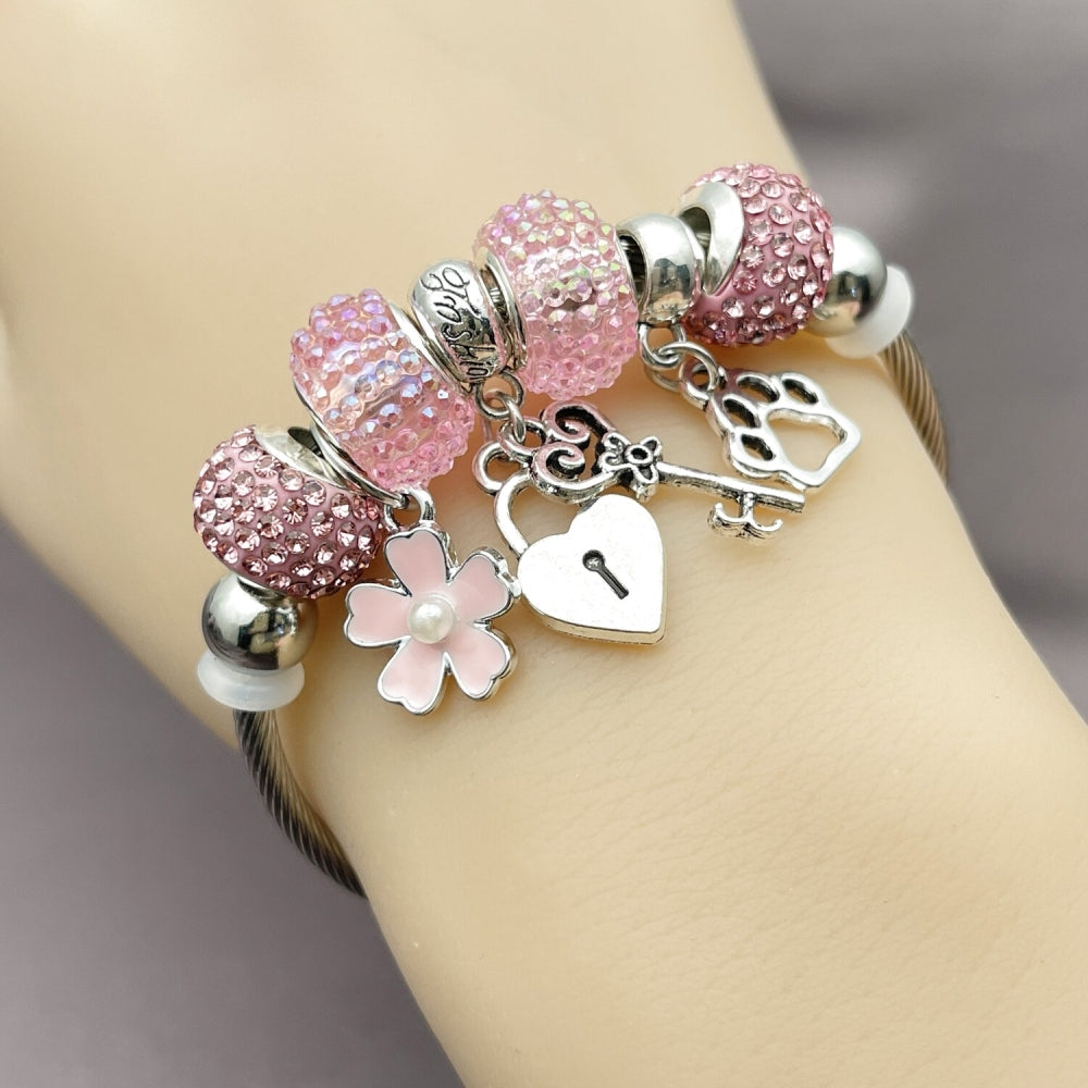 Stainless Steel Individual Bangle, Heart and Lock Design, with Ivory Pearl and Light Rose Crystal, Pink Enamel Finish, Rhodium Finish
