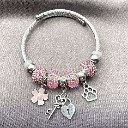 Stainless Steel Individual Bangle, Heart and Lock Design, with Ivory Pearl and Light Rose Crystal, Pink Enamel Finish, Rhodium Finish