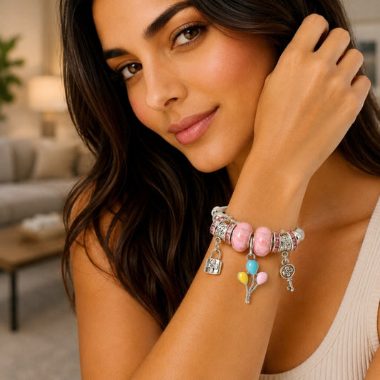 Stainless Steel Individual Bangle, Lock and key Design, with Light Rose Crystal, Multicolor Enamel Finish, Rhodium Finish