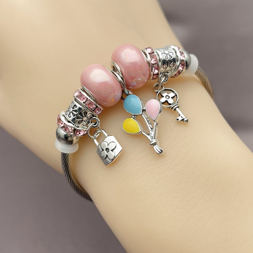 Stainless Steel Individual Bangle, Lock and key Design, with Light Rose Crystal, Multicolor Enamel Finish, Rhodium Finish