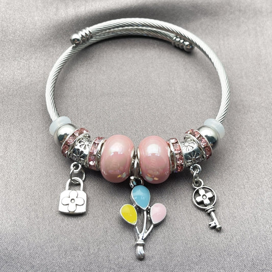 Stainless Steel Individual Bangle, Lock and key Design, with Light Rose Crystal, Multicolor Enamel Finish, Rhodium Finish