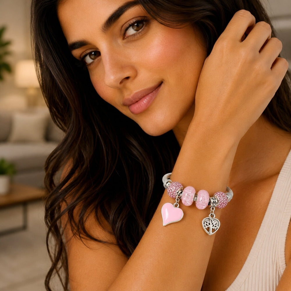 Stainless Steel Individual Bangle, Heart and Tree Design, with Light Rose Crystal, Pink Enamel Finish, Rhodium Finish