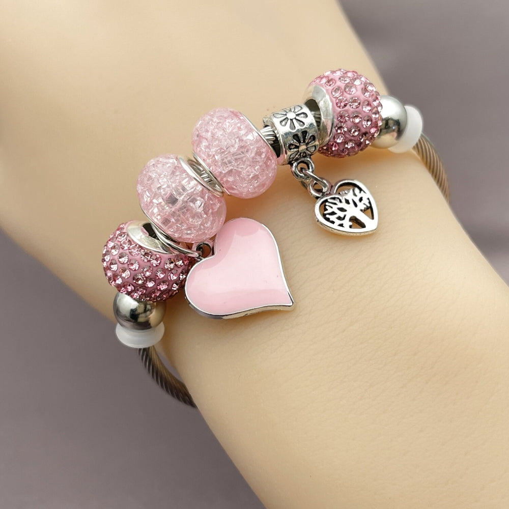 Stainless Steel Individual Bangle, Heart and Tree Design, with Light Rose Crystal, Pink Enamel Finish, Rhodium Finish