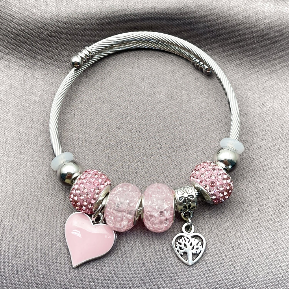 Stainless Steel Individual Bangle, Heart and Tree Design, with Light Rose Crystal, Pink Enamel Finish, Rhodium Finish