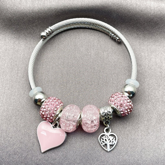 Stainless Steel Individual Bangle, Heart and Tree Design, with Light Rose Crystal, Pink Enamel Finish, Rhodium Finish