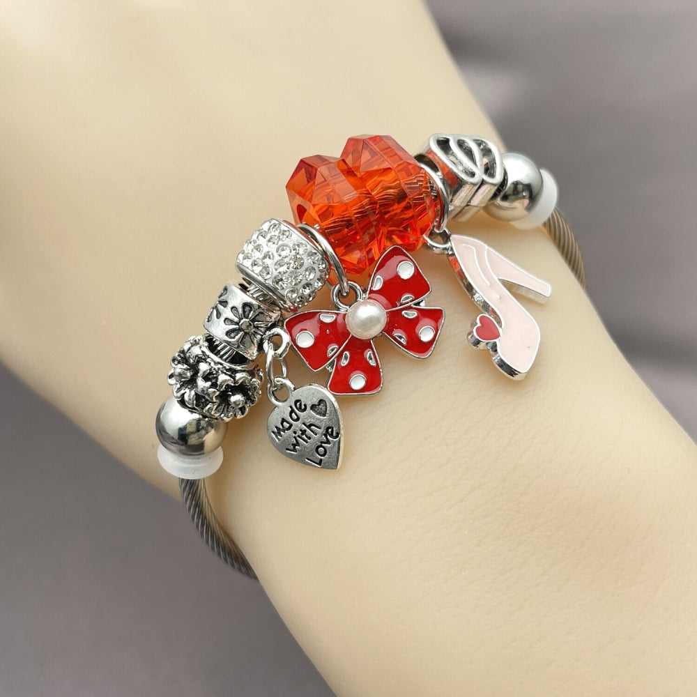 Stainless Steel Individual Bangle, Bow and Heart Design, with Light Silk and Crystal Crystal, Red Enamel Finish, Rhodium Finish