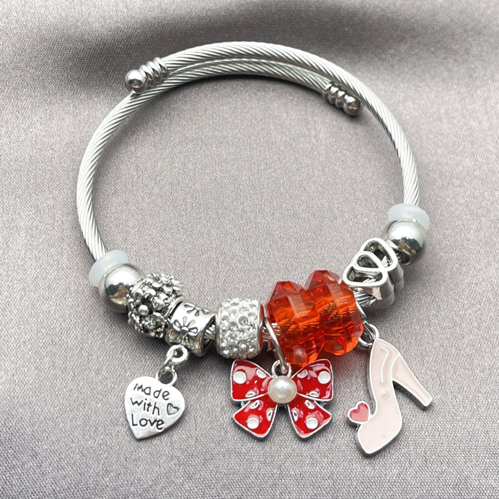 Stainless Steel Individual Bangle, Bow and Heart Design, with Light Silk and Crystal Crystal, Red Enamel Finish, Rhodium Finish