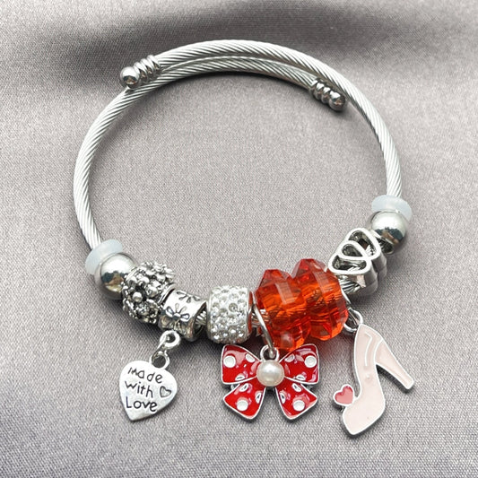 Stainless Steel Individual Bangle, Bow and Heart Design, with Light Silk and Crystal Crystal, Red Enamel Finish, Rhodium Finish