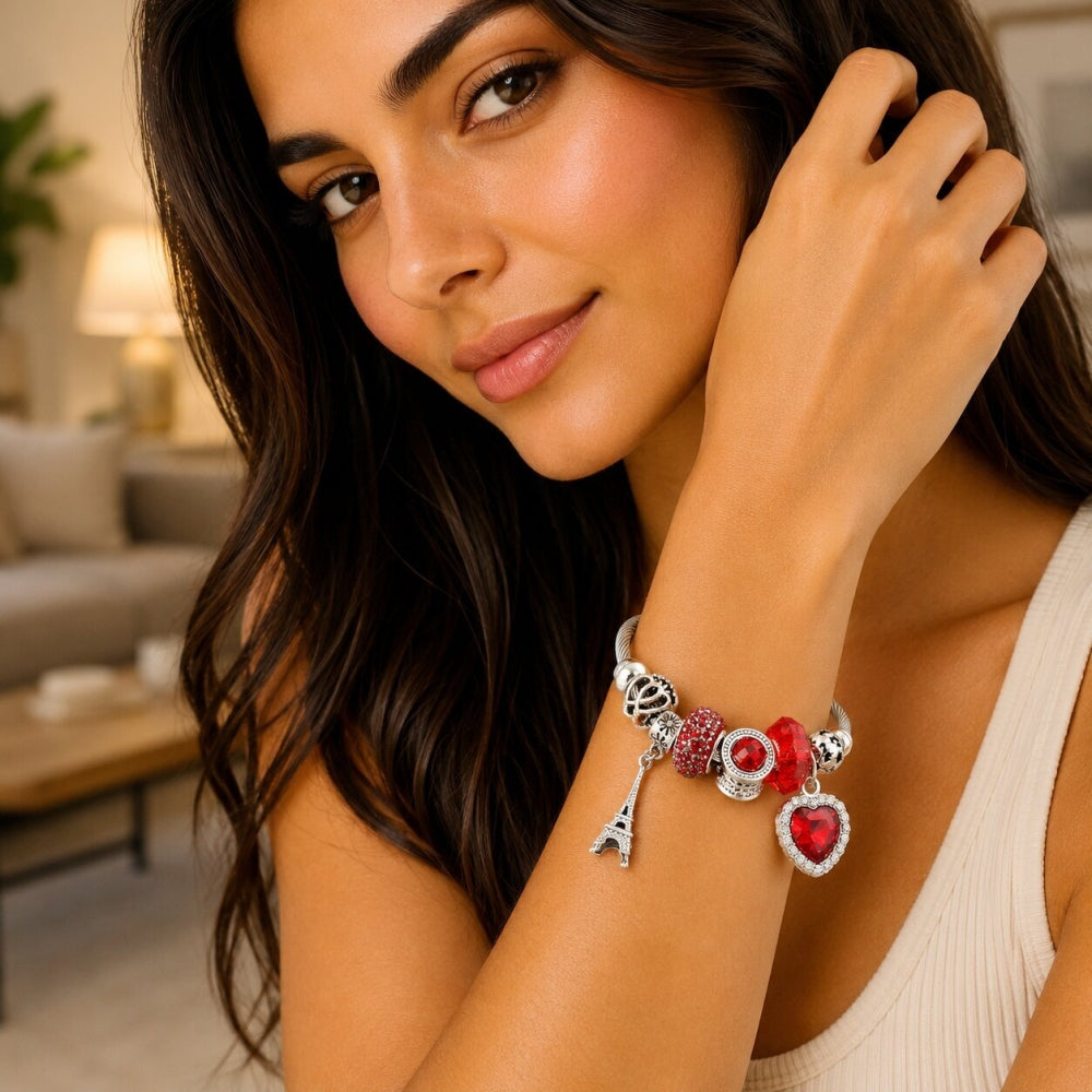 Stainless Steel Individual Bangle, Heart and Eiffel Tower Design, with Light Siam and Crystal Crystal, Polished, Rhodium Finish