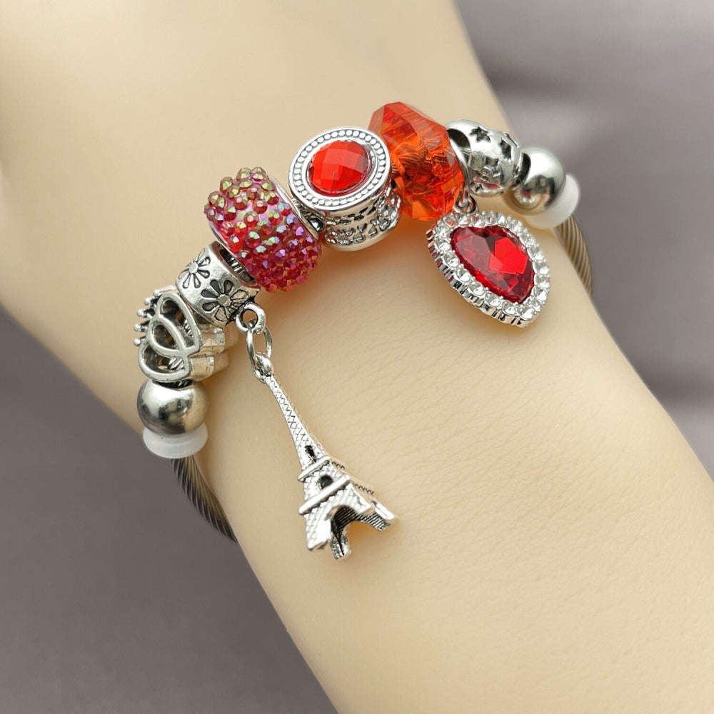 Stainless Steel Individual Bangle, Heart and Eiffel Tower Design, with Light Siam and Crystal Crystal, Polished, Rhodium Finish