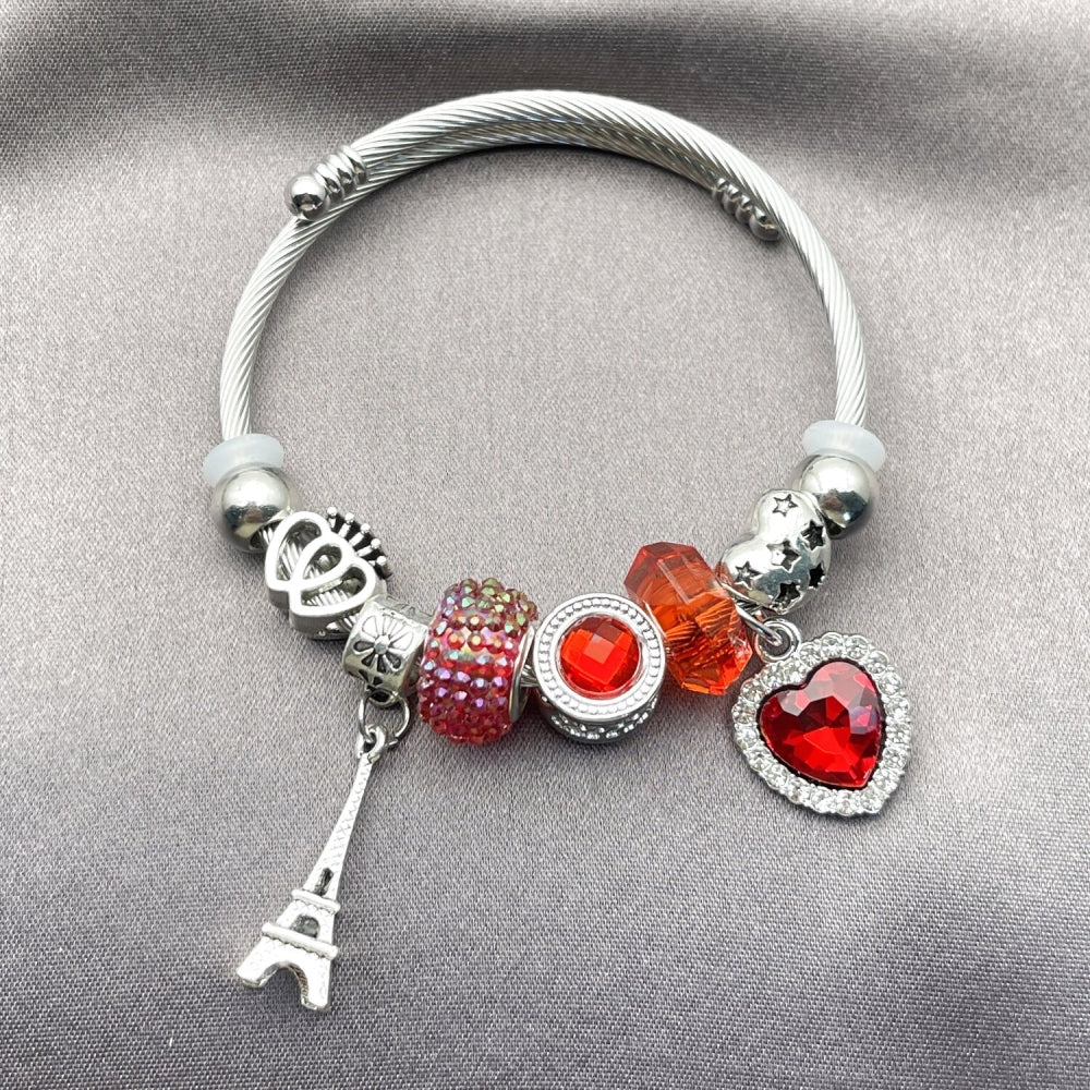 Stainless Steel Individual Bangle, Heart and Eiffel Tower Design, with Light Siam and Crystal Crystal, Polished, Rhodium Finish