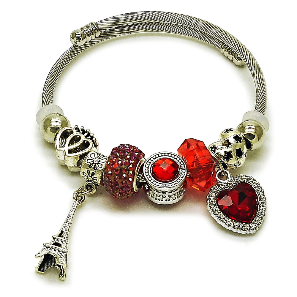 Stainless Steel Individual Bangle, Heart and Eiffel Tower Design, with Light Siam and Crystal Crystal, Polished, Rhodium Finish