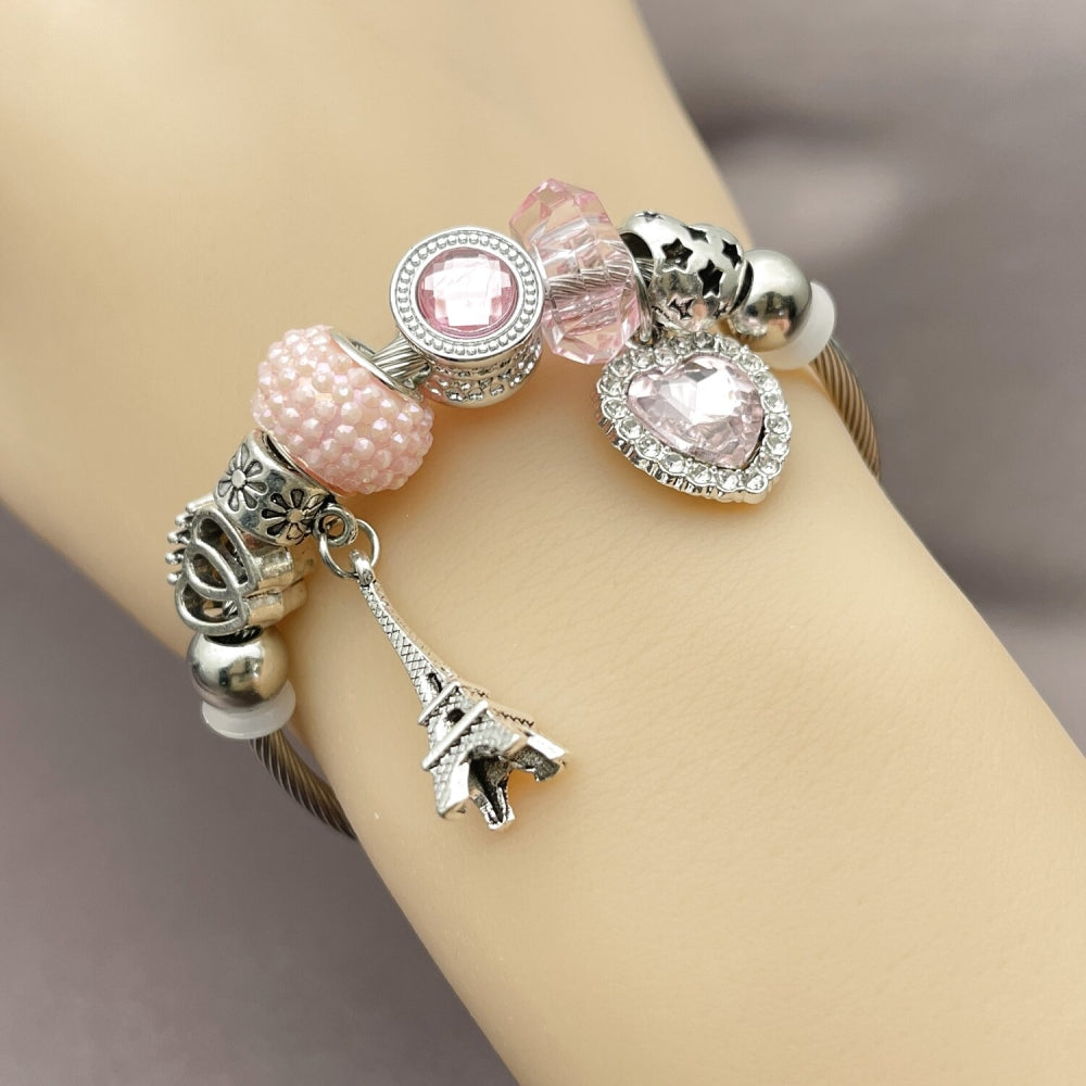 Stainless Steel Individual Bangle, Heart and Eiffel Tower Design, with Light Rose and Crystal Crystal, Polished, Rhodium Finish