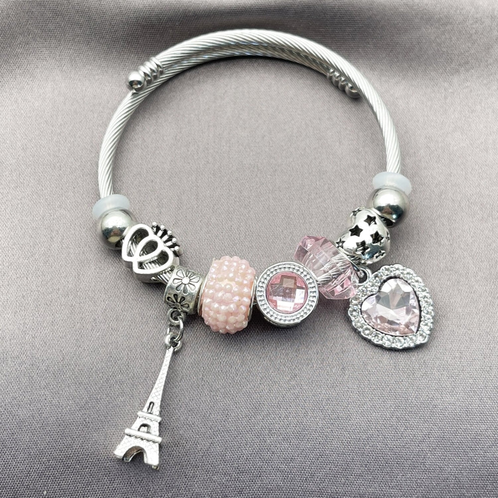 Stainless Steel Individual Bangle, Heart and Eiffel Tower Design, with Light Rose and Crystal Crystal, Polished, Rhodium Finish