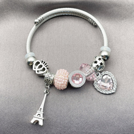 Stainless Steel Individual Bangle, Heart and Eiffel Tower Design, with Light Rose and Crystal Crystal, Polished, Rhodium Finish