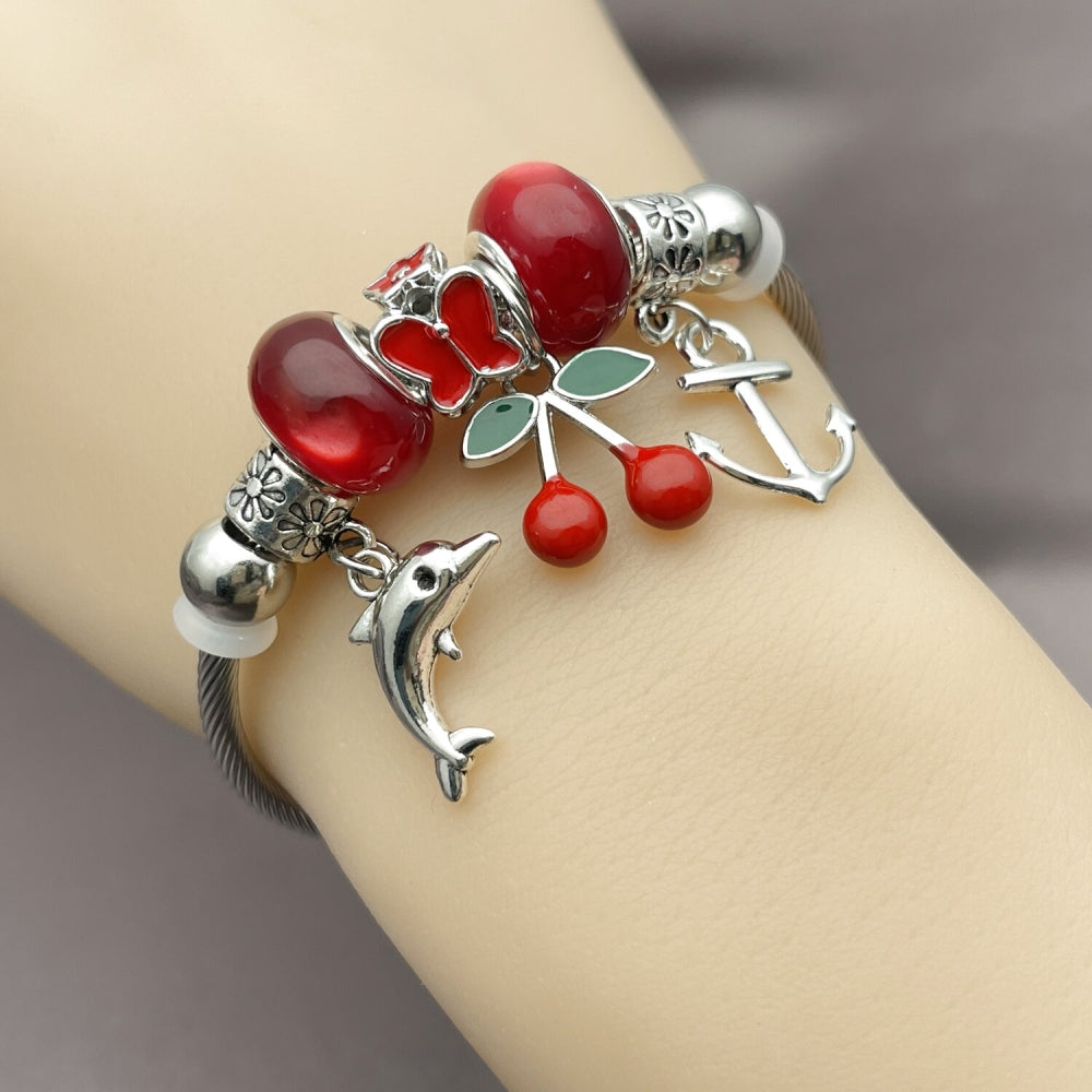 Stainless Steel Individual Bangle, Anchor and Dolphin Design, with Siam Crystal, Red Enamel Finish, Rhodium Finish