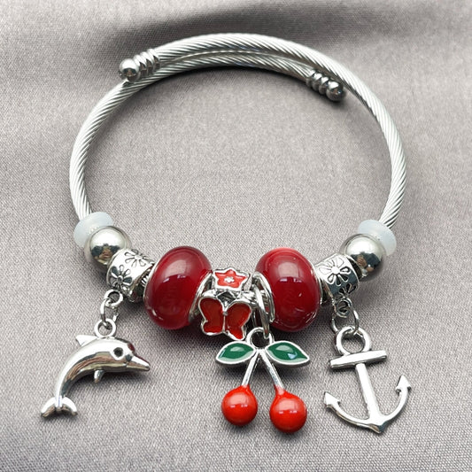 Stainless Steel Individual Bangle, Anchor and Dolphin Design, with Siam Crystal, Red Enamel Finish, Rhodium Finish