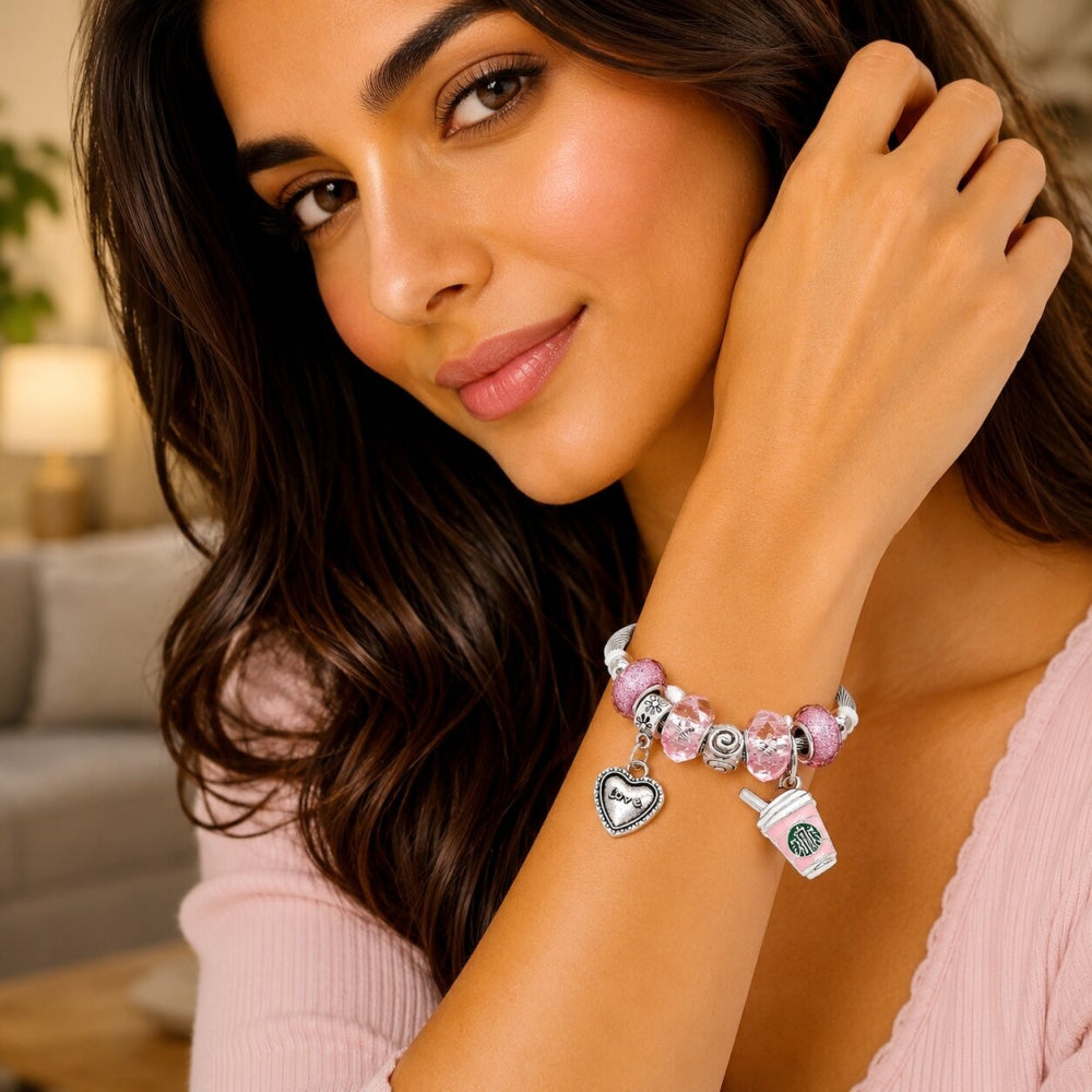 Stainless Steel Individual Bangle, Heart and Drink Glass Design, with Light Rose Crystal, Pink Enamel Finish, Rhodium Finish