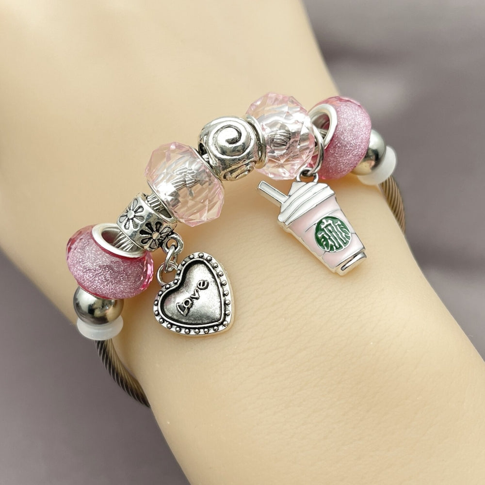 Stainless Steel Individual Bangle, Heart and Drink Glass Design, with Light Rose Crystal, Pink Enamel Finish, Rhodium Finish