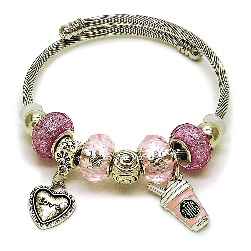 Stainless Steel Individual Bangle, Heart and Drink Glass Design, with Light Rose Crystal, Pink Enamel Finish, Rhodium Finish