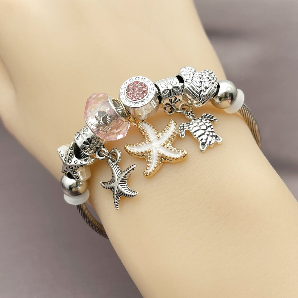 Stainless Steel Individual Bangle, Star and Turtle Design, with Light Rose Crystal, White Enamel Finish, Two Tone