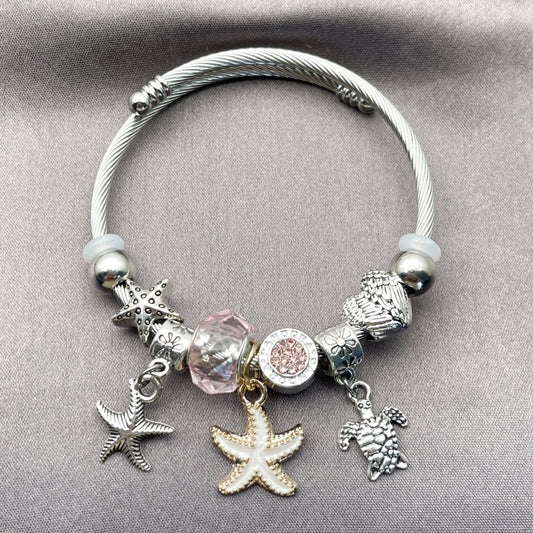 Stainless Steel Individual Bangle, Star and Turtle Design, with Light Rose Crystal, White Enamel Finish, Two Tone