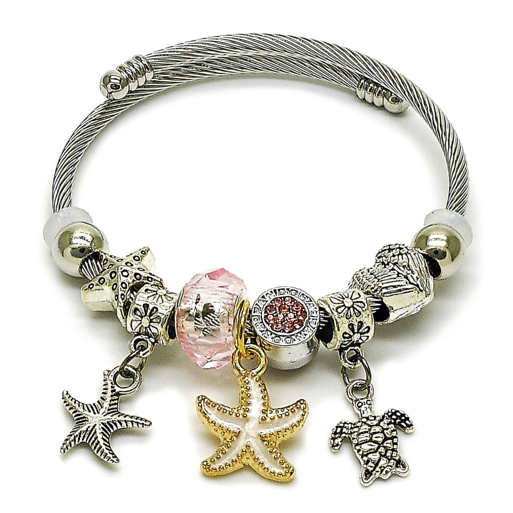 Stainless Steel Individual Bangle, Star and Turtle Design, with Light Rose Crystal, White Enamel Finish, Two Tone