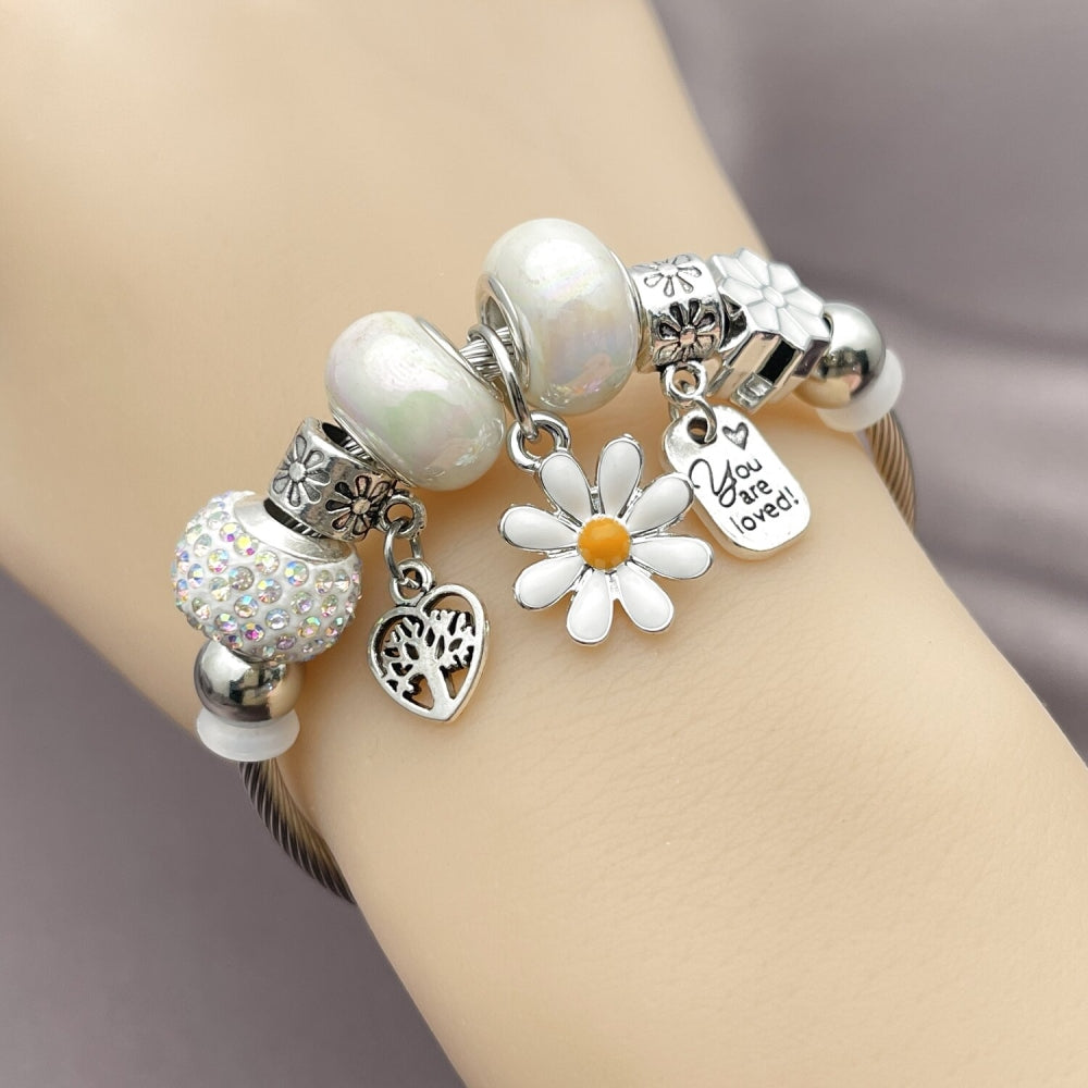Stainless Steel Individual Bangle, Flower and Heart Design, with Aurore Boreale and Ivory Crystal, White Enamel Finish, Rhodium Finish