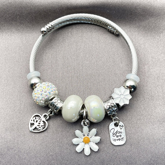 Stainless Steel Individual Bangle, Flower and Heart Design, with Aurore Boreale and Ivory Crystal, White Enamel Finish, Rhodium Finish