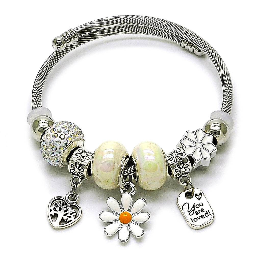 Stainless Steel Individual Bangle, Flower and Heart Design, with Aurore Boreale and Ivory Crystal, White Enamel Finish, Rhodium Finish