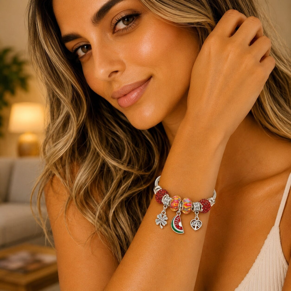 Stainless Steel Individual Bangle, Watermelon and Four-leaf Clover Design, with Light Siam Crystal, Red Enamel Finish, Rhodium Finish
