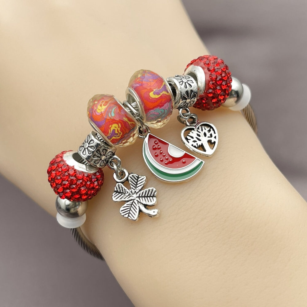 Stainless Steel Individual Bangle, Watermelon and Four-leaf Clover Design, with Light Siam Crystal, Red Enamel Finish, Rhodium Finish