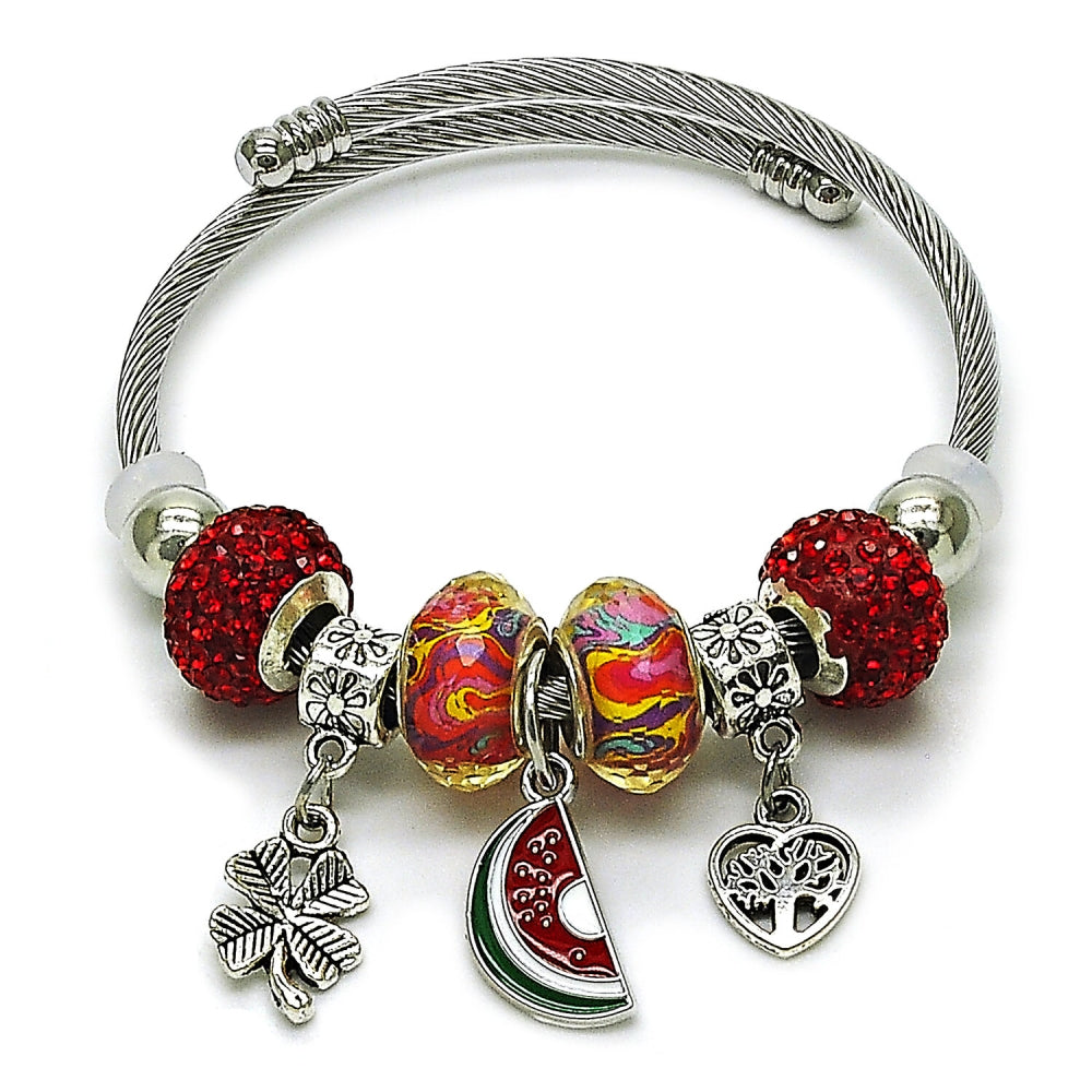 Stainless Steel Individual Bangle, Watermelon and Four-leaf Clover Design, with Light Siam Crystal, Red Enamel Finish, Rhodium Finish