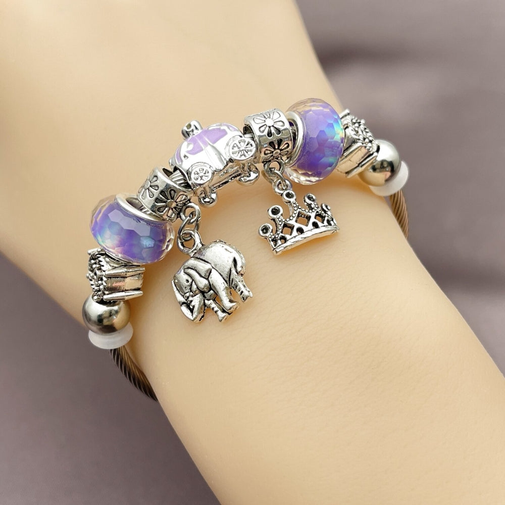 Stainless Steel Individual Bangle, Elephant and Crown Design, with Violet Crystal, Polished, Rhodium Finish