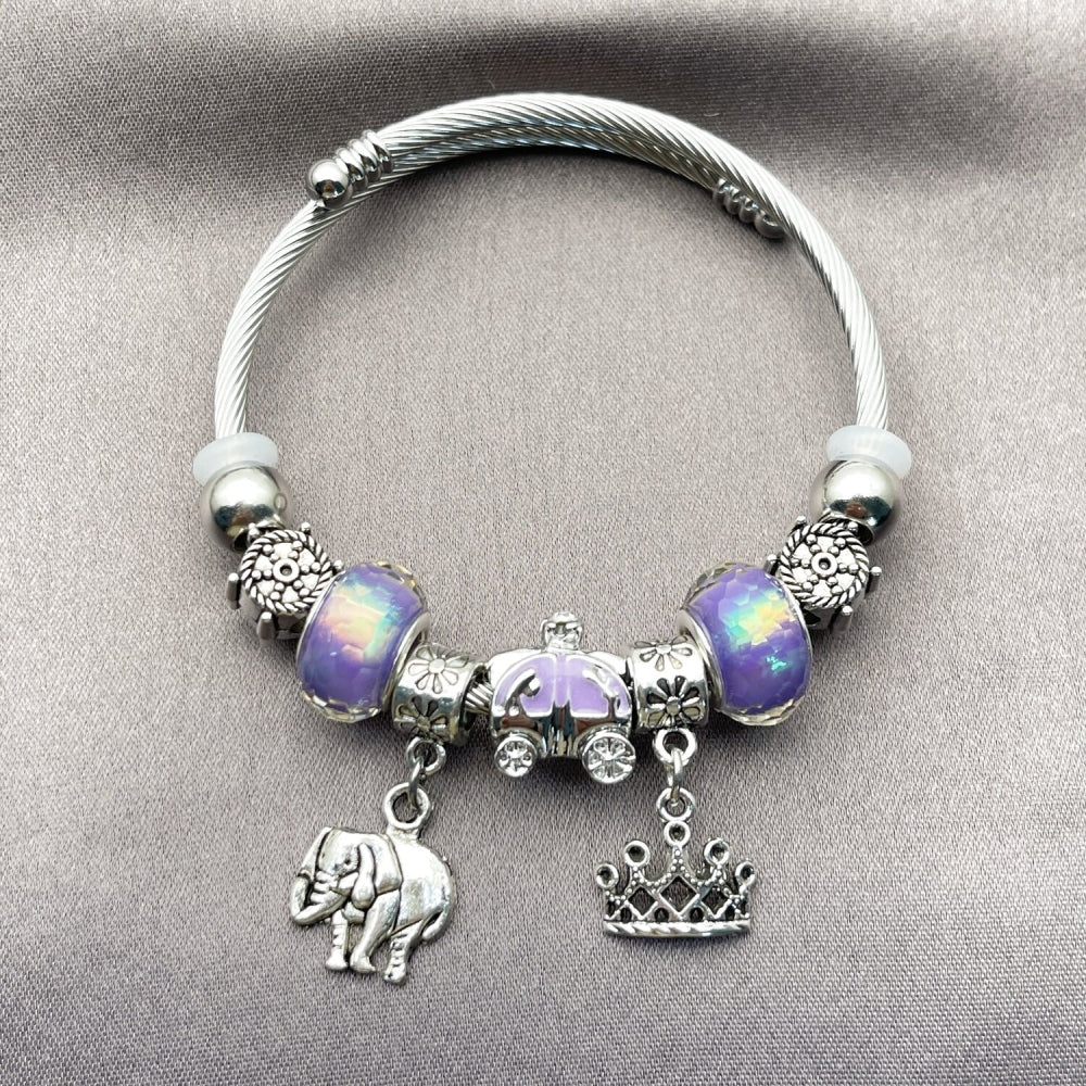 Stainless Steel Individual Bangle, Elephant and Crown Design, with Violet Crystal, Polished, Rhodium Finish