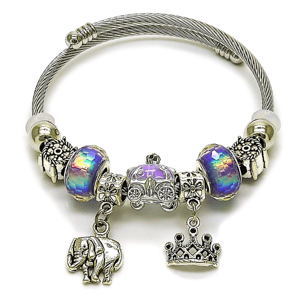Stainless Steel Individual Bangle, Elephant and Crown Design, with Violet Crystal, Polished, Rhodium Finish