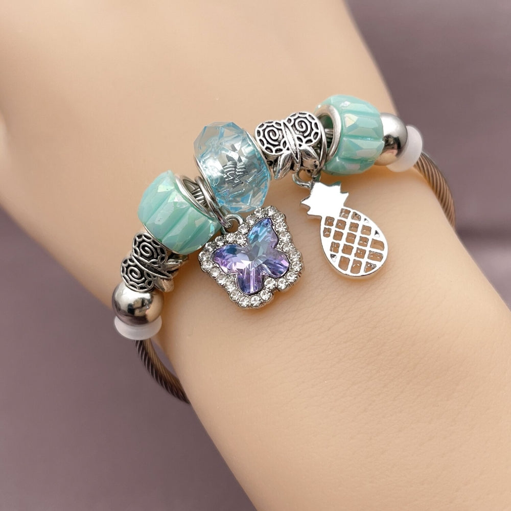Stainless Steel Individual Bangle, Butterfly and Pineapple Design, with Light Turquoise and Turquoise Crystal, Polished, Rhodium Finish