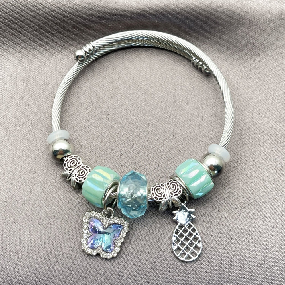 Stainless Steel Individual Bangle, Butterfly and Pineapple Design, with Light Turquoise and Turquoise Crystal, Polished, Rhodium Finish