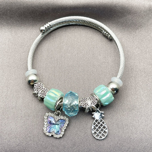 Stainless Steel Individual Bangle, Butterfly and Pineapple Design, with Light Turquoise and Turquoise Crystal, Polished, Rhodium Finish