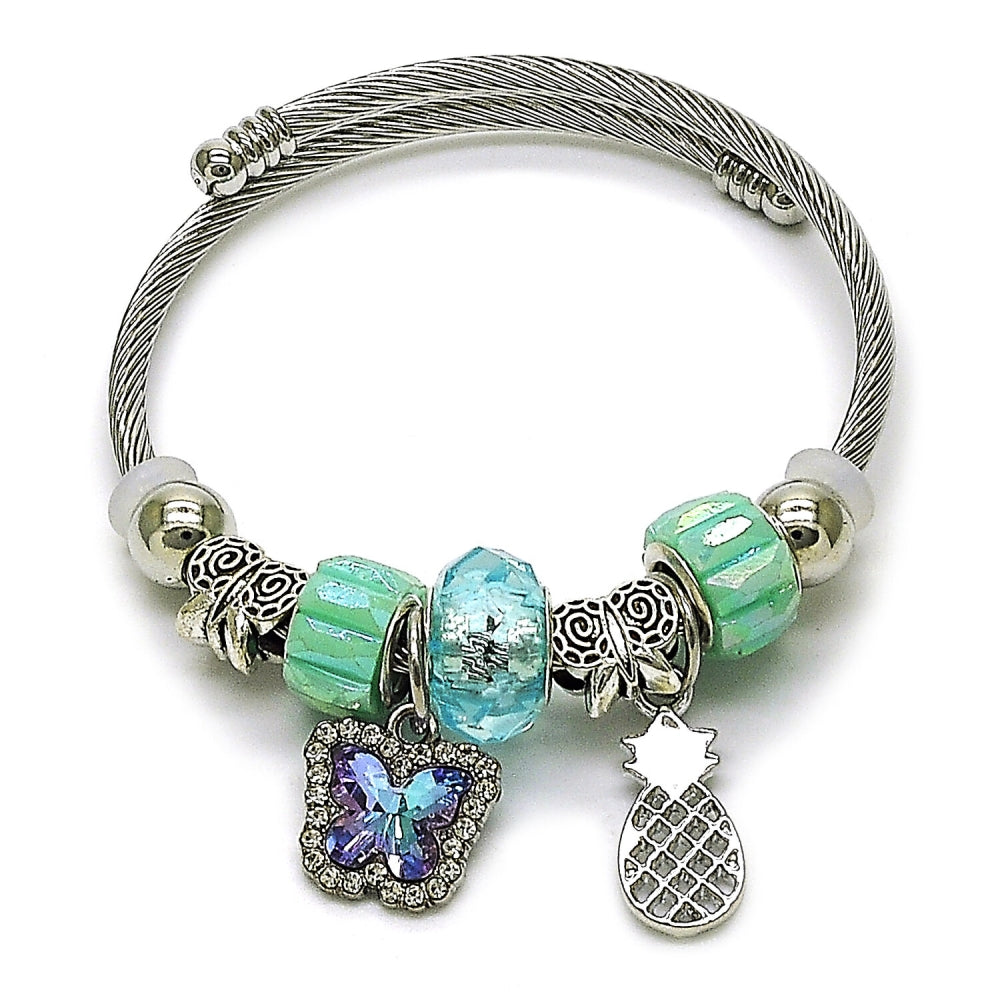 Stainless Steel Individual Bangle, Butterfly and Pineapple Design, with Light Turquoise and Turquoise Crystal, Polished, Rhodium Finish