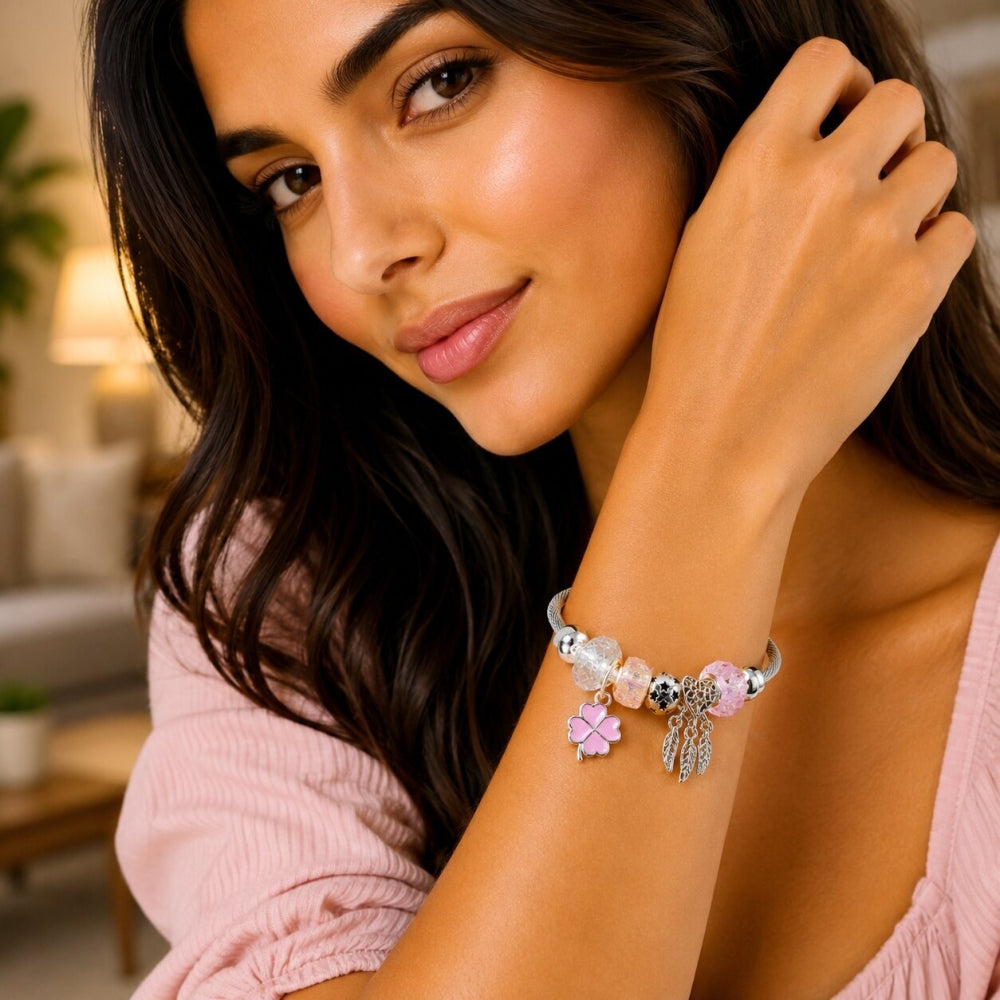 Stainless Steel Individual Bangle, Four-leaf Clover and Heart Design, with Light Rose and Crystal Crystal, Pink Enamel Finish, Rhodium Finish