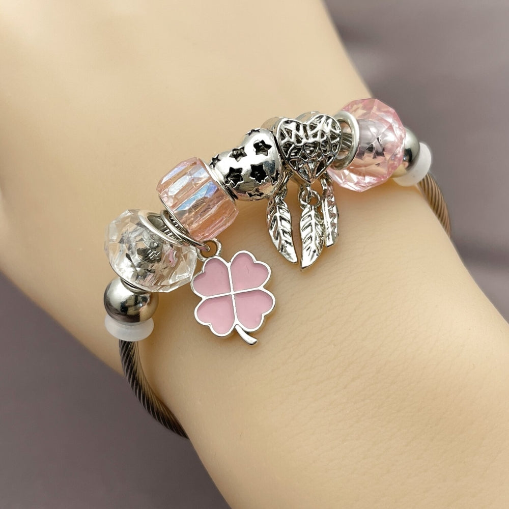 Stainless Steel Individual Bangle, Four-leaf Clover and Heart Design, with Light Rose and Crystal Crystal, Pink Enamel Finish, Rhodium Finish