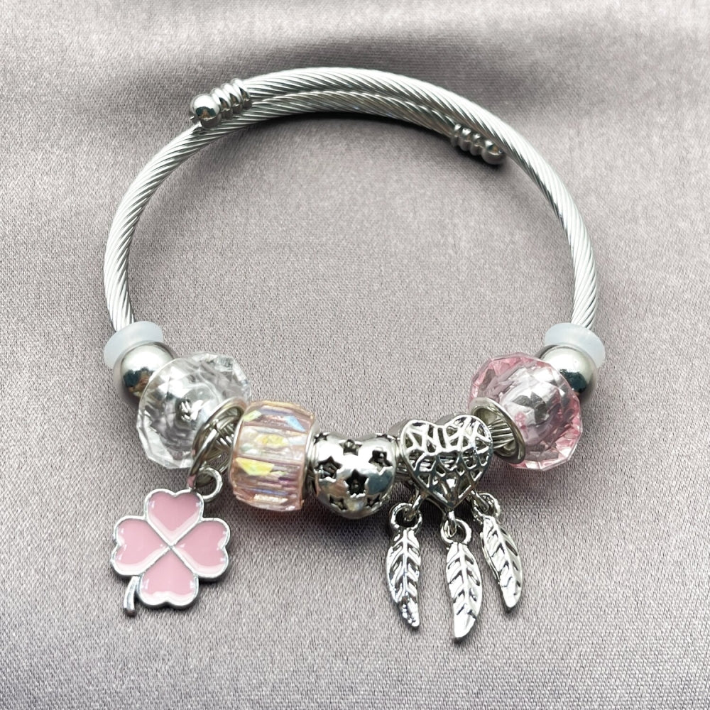 Stainless Steel Individual Bangle, Four-leaf Clover and Heart Design, with Light Rose and Crystal Crystal, Pink Enamel Finish, Rhodium Finish