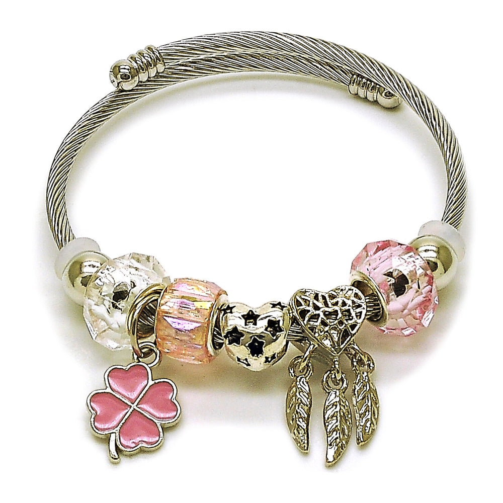 Stainless Steel Individual Bangle, Four-leaf Clover and Heart Design, with Light Rose and Crystal Crystal, Pink Enamel Finish, Rhodium Finish