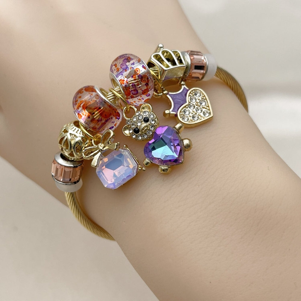 Stainless Steel Individual Bangle, Teddy Bear and Heart Design, with Amethyst and Light Peach Crystal, Purple Enamel Finish, Golden Finish