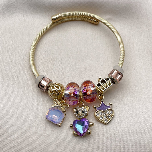 Stainless Steel Individual Bangle, Teddy Bear and Heart Design, with Amethyst and Light Peach Crystal, Purple Enamel Finish, Golden Finish