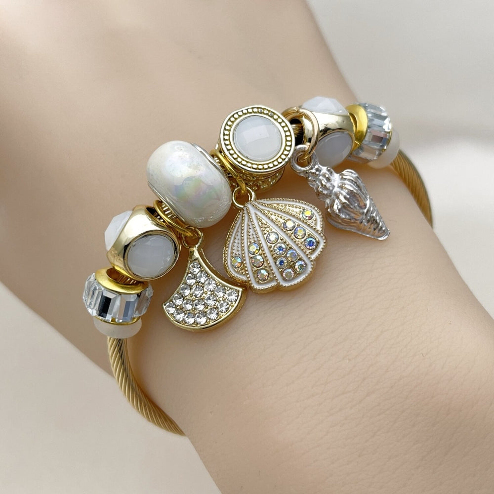 Stainless Steel Individual Bangle, Shell and Snail Design, with Crystal and Ivory Crystal, White Enamel Finish, Golden Finish