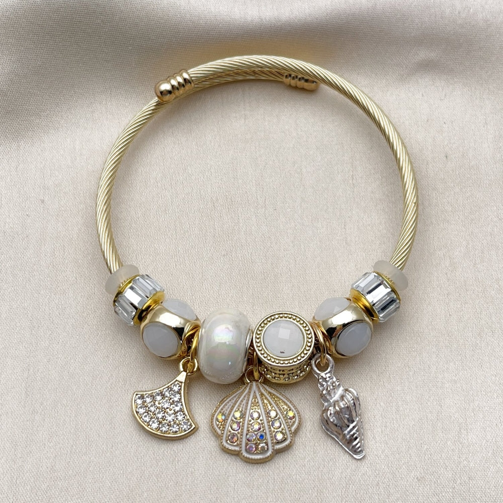 Stainless Steel Individual Bangle, Shell and Snail Design, with Crystal and Ivory Crystal, White Enamel Finish, Golden Finish